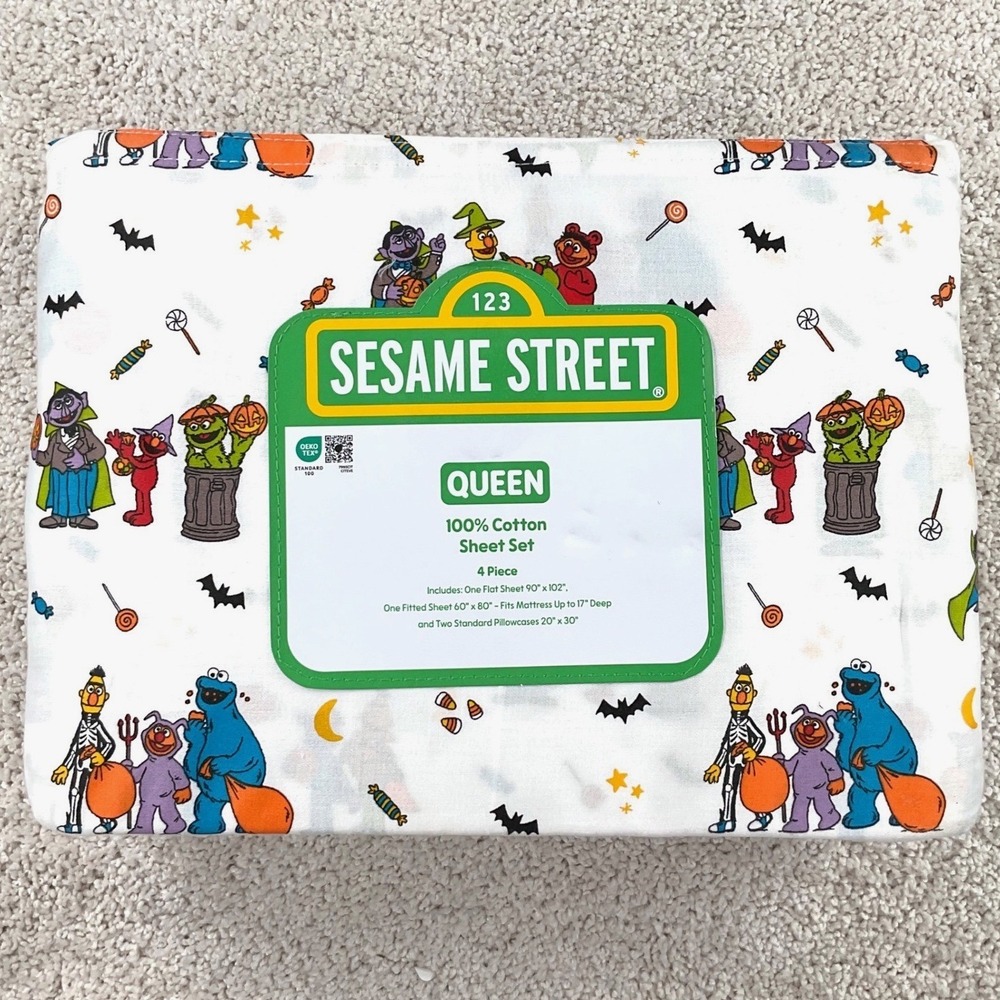 Sesame Street Halloween Queen Sheet Set 100% Cotton 4pc Elmo Cookie Monster New